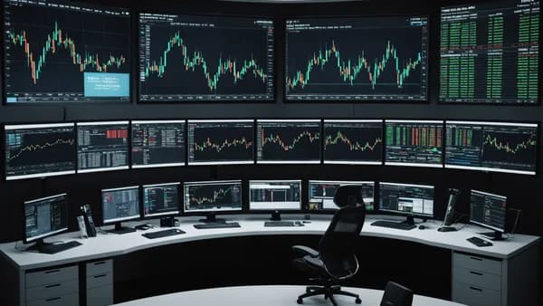 A modern trading desk with USD/CAD chart and economic data screens, set in cinematic lighting, awaiting employment reports.