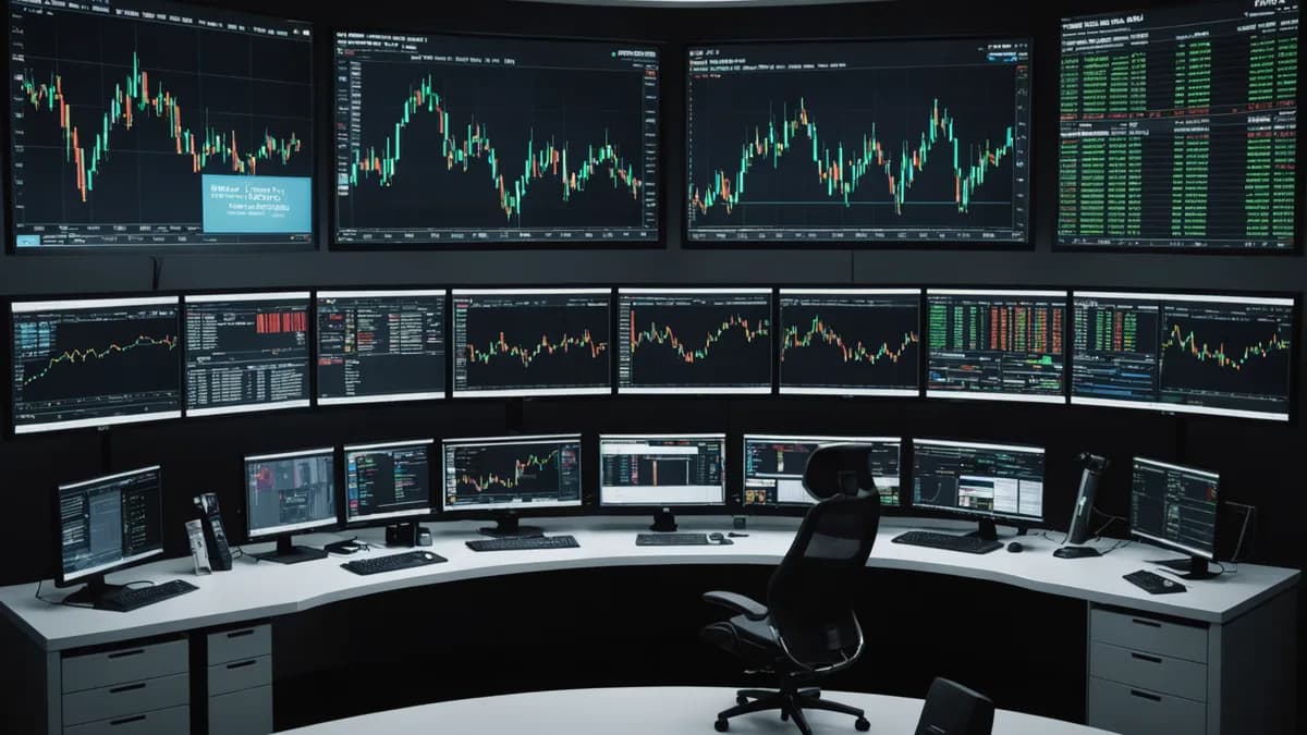 A modern trading desk with USD/CAD chart and economic data screens, set in cinematic lighting, awaiting employment reports.