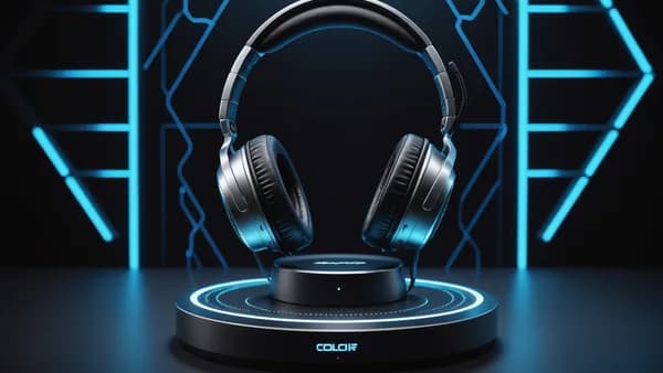 Futuristic headphones display with holographic neural networks in a tech lab.