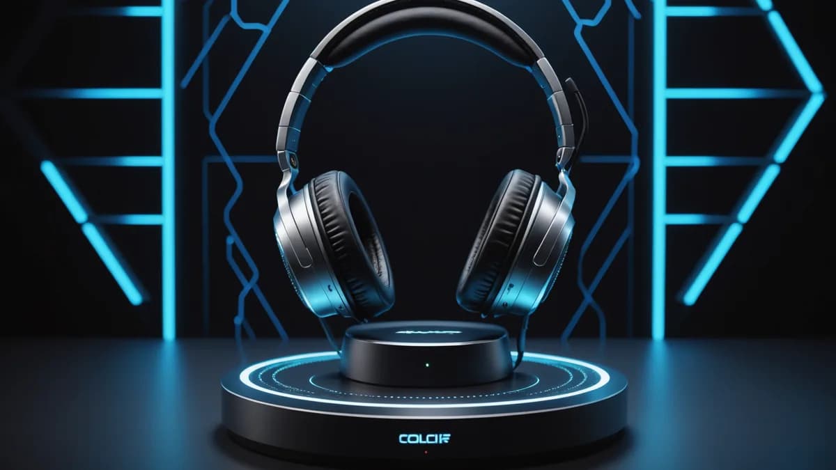 Futuristic headphones display with holographic neural networks in a tech lab.