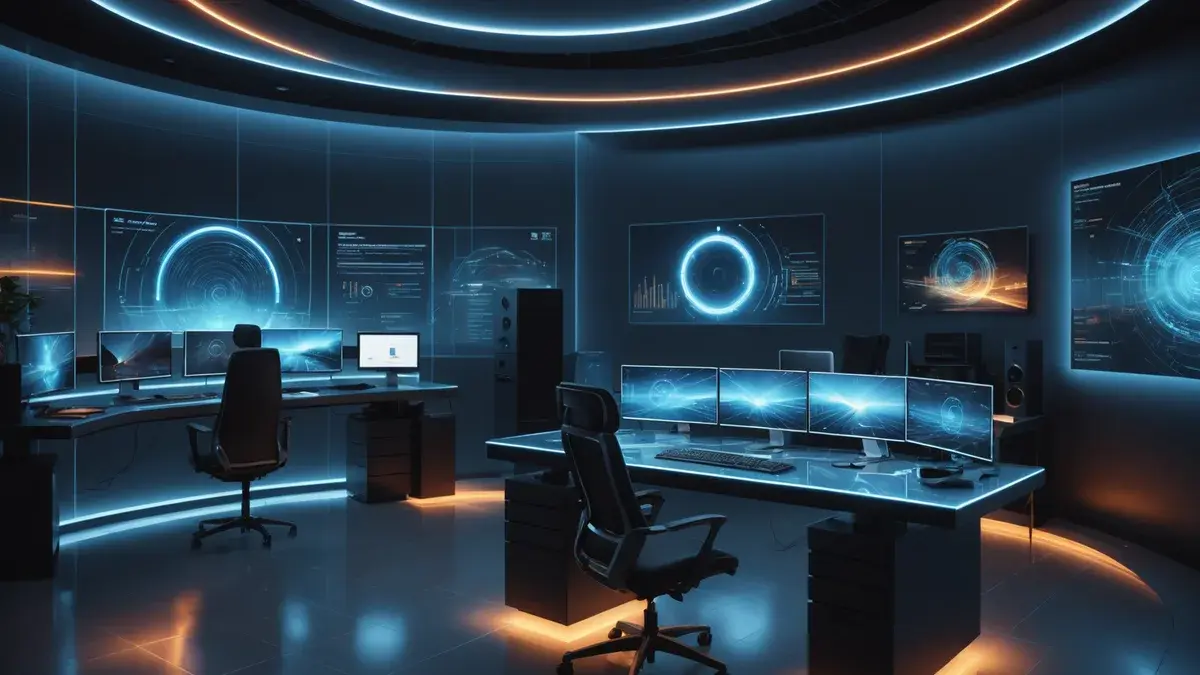 A futuristic tech hub with a holographic data stream rising from a physical compact disc, blending retro and digital elements.