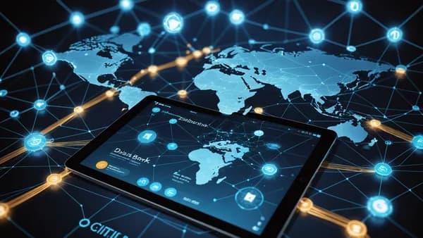 Digital network visualizing tokenized deposits flowing between global banks via Swift blockchain infrastructure.