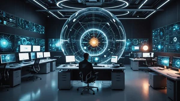 A futuristic tech workspace with a central glowing AI neural core and holographic screens, representing advanced reasoning capabilities.