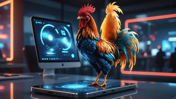 A futuristic smartphone displays a glowing digital rooster, illuminating a sleek, tech-focused workspace with cinematic lighting.
