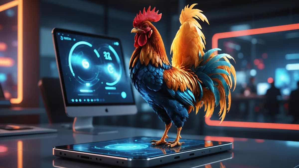A futuristic smartphone displays a glowing digital rooster, illuminating a sleek, tech-focused workspace with cinematic lighting.