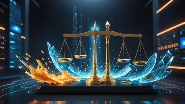 Symbolic clash between fintech innovation and legal scales with digital payment streams.