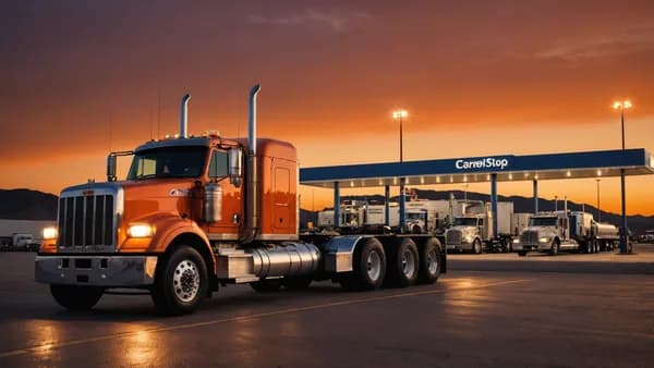 Truck refueling at dusk as diesel pump prices hit all-time high, with market data reflections.