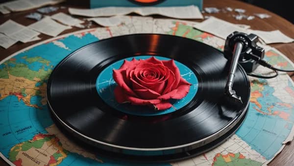 Editorial image: a cracked vinyl record with a rose, set against a global map, symbolizing the resolution of Tupac Shakur's murder case.