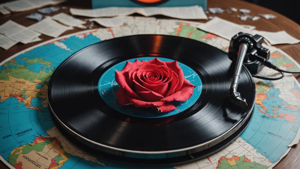 Editorial image: a cracked vinyl record with a rose, set against a global map, symbolizing the resolution of Tupac Shakur's murder case.