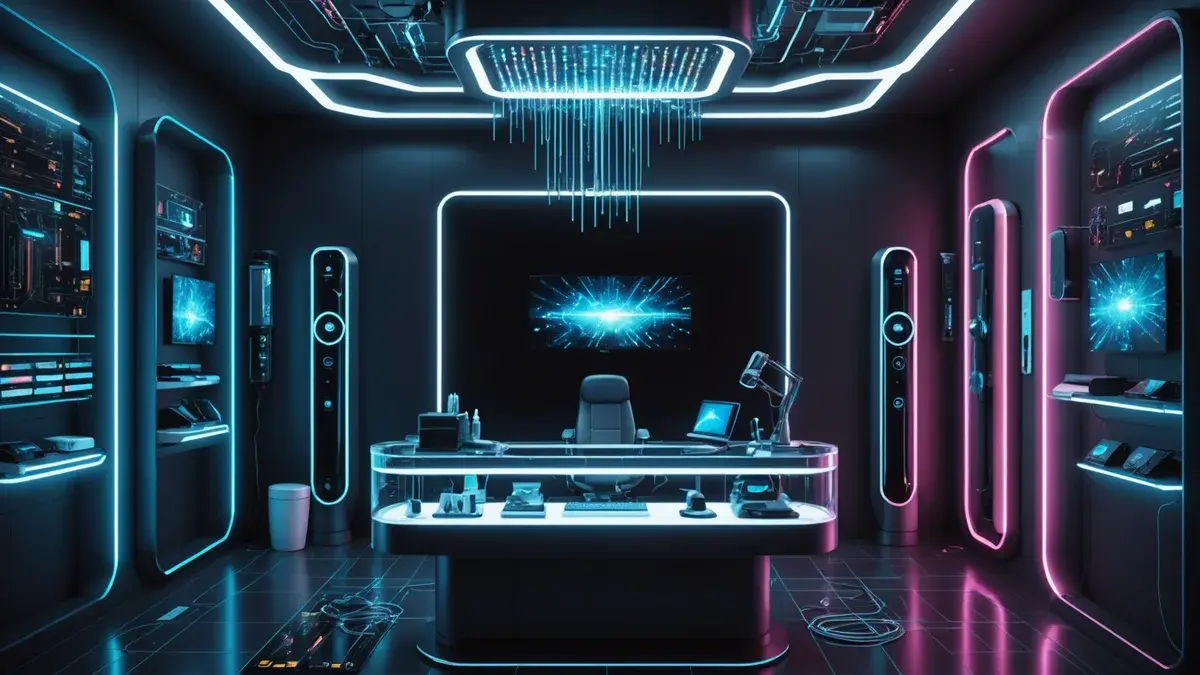 Photorealistic image of a high-tech electric toothbrush with camera, surrounded by digital interfaces and misty jets in a futuristic lab setting.
