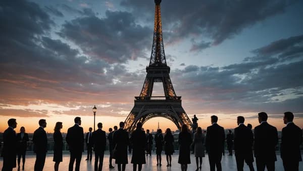The Eiffel Tower at dusk with cinematic lighting, representing a global news event and international connections.