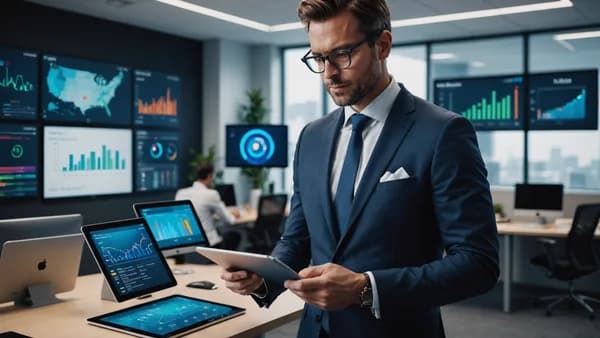 Executive reviewing integrated ERP and accounts payable software interface on a tablet in a modern fintech office.
