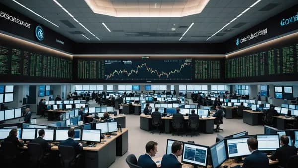 A dynamic forex trading floor scene showing intense focus on a glowing EUR/USD chart at a critical technical level.