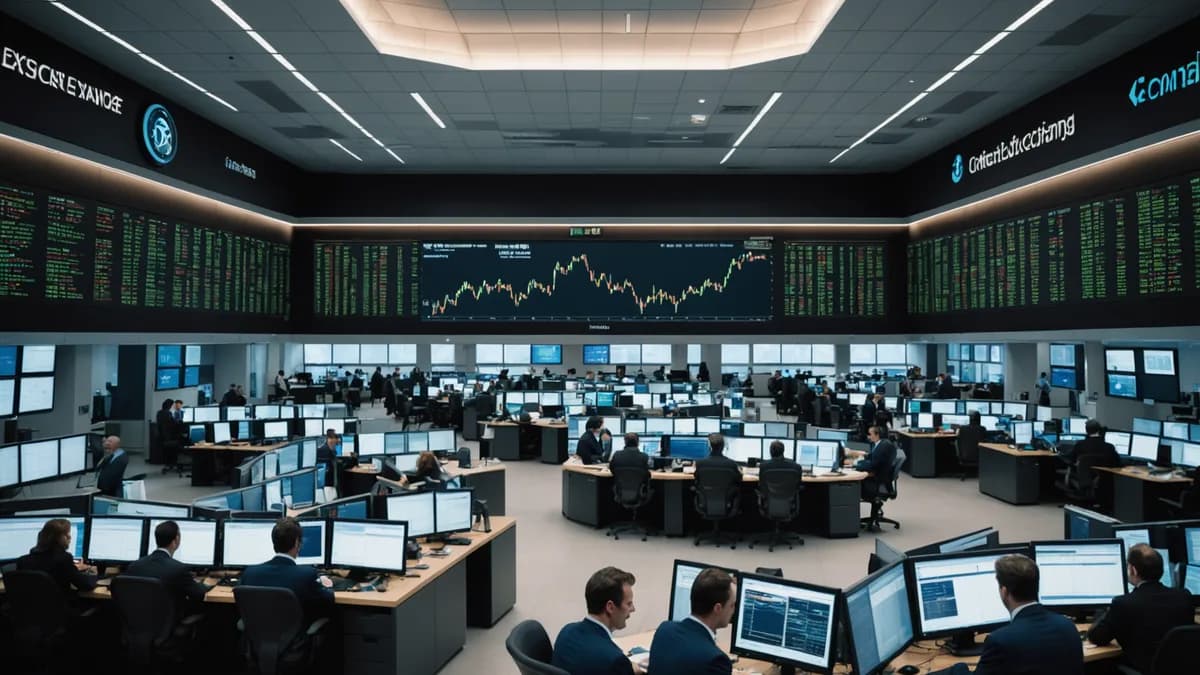 A dynamic forex trading floor scene showing intense focus on a glowing EUR/USD chart at a critical technical level.