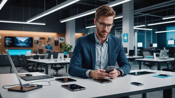 A sustainable modular smartphone centrally displayed in a professional innovation workspace, emphasizing ethical design, repairability, and clean tech evolution.