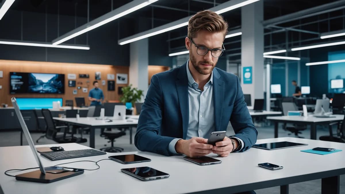 A sustainable modular smartphone centrally displayed in a professional innovation workspace, emphasizing ethical design, repairability, and clean tech evolution.