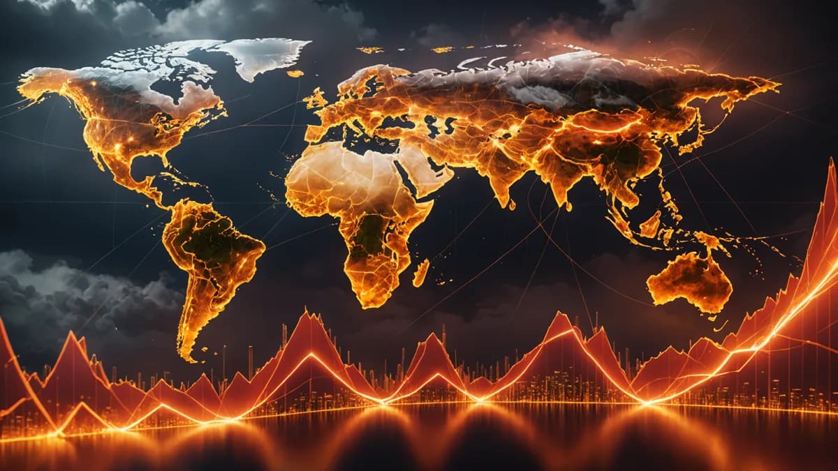 An abstract, cinematic visualization of global economic trends, showing rising growth metrics under the scrutiny of inflationary pressures.