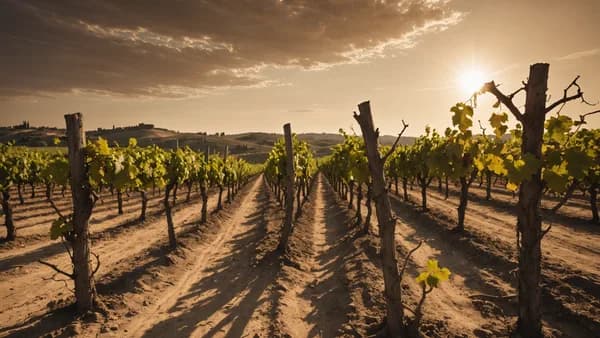 A parched, desolate French vineyard under a harsh, dusty orange heatwave sky, depicting extreme drought impacting wine harvest.