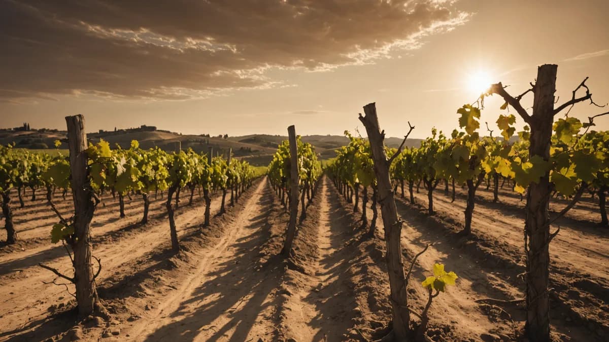 A parched, desolate French vineyard under a harsh, dusty orange heatwave sky, depicting extreme drought impacting wine harvest.