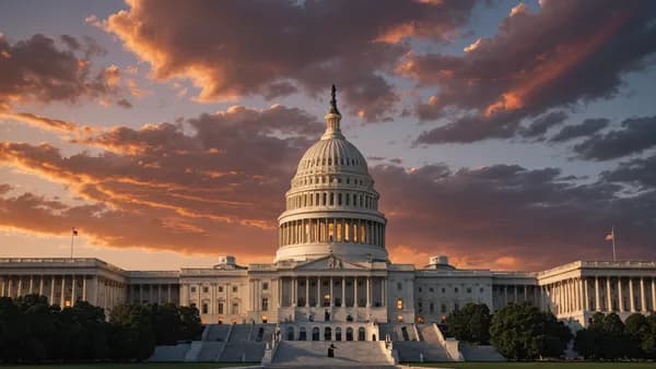 US Capitol at sunset under dramatic lighting, global map in background, symbolizing government funding bill passage.
