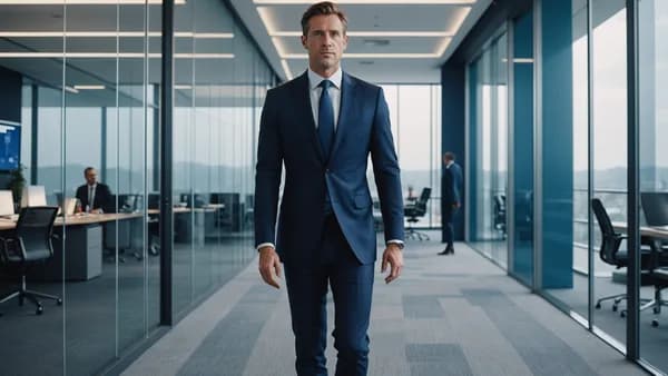 Modern executive in a fintech office with digital interfaces, symbolizing banking leadership transition.