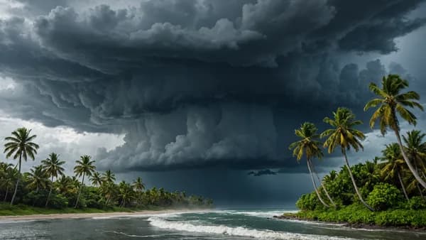 Hurricane winds and torrential rain batter tropical coastline, illustrating infrastructure vulnerability during extreme weather events.