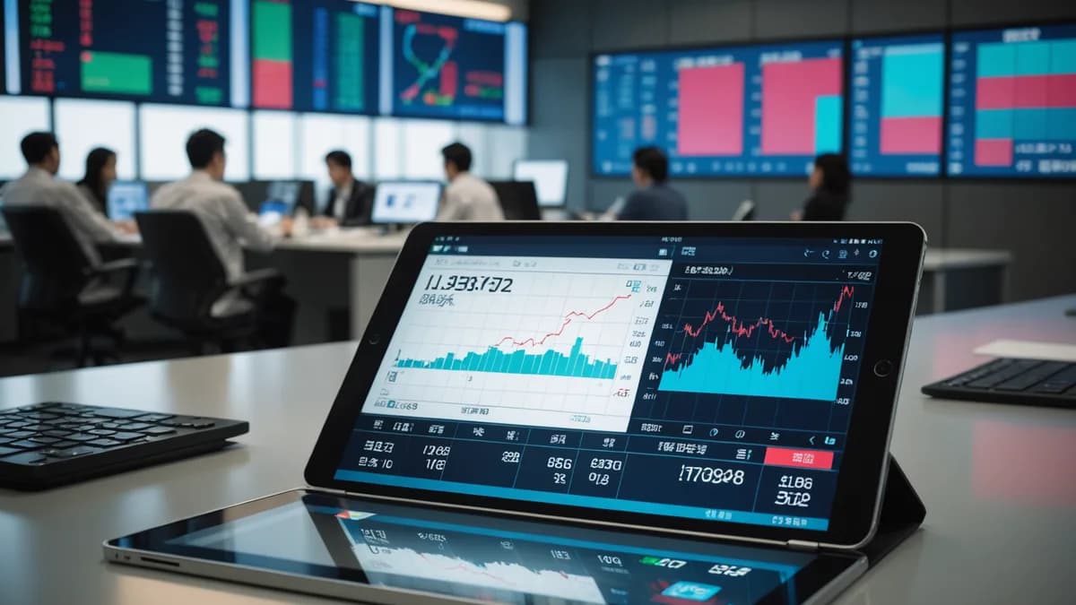 Split view of a digital finance app and a stock ticker in a modern Tokyo office, symbolizing interest rate decisions.