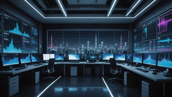 Futuristic command center in Tokyo with holographic GDP charts, neural networks, and glowing circuits reflecting economic data innovation.