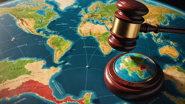 A symbolic global legal system: a glowing gavel over a world map with watchful eyes and connecting threads.