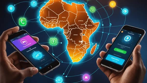 A conceptual visualization of embedded digital payments within social messaging apps over a map of Africa, representing social commerce fintech innovation.