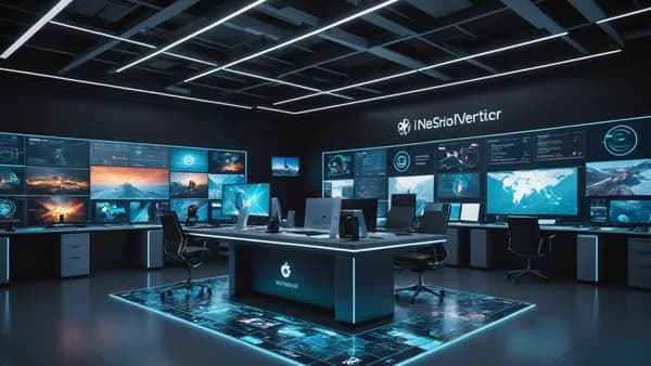 A futuristic newsroom with holographic puzzle interfaces and neural networks floating above a minimalist tech desk.