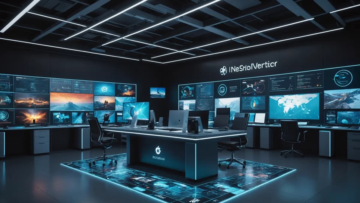 A futuristic newsroom with holographic puzzle interfaces and neural networks floating above a minimalist tech desk.