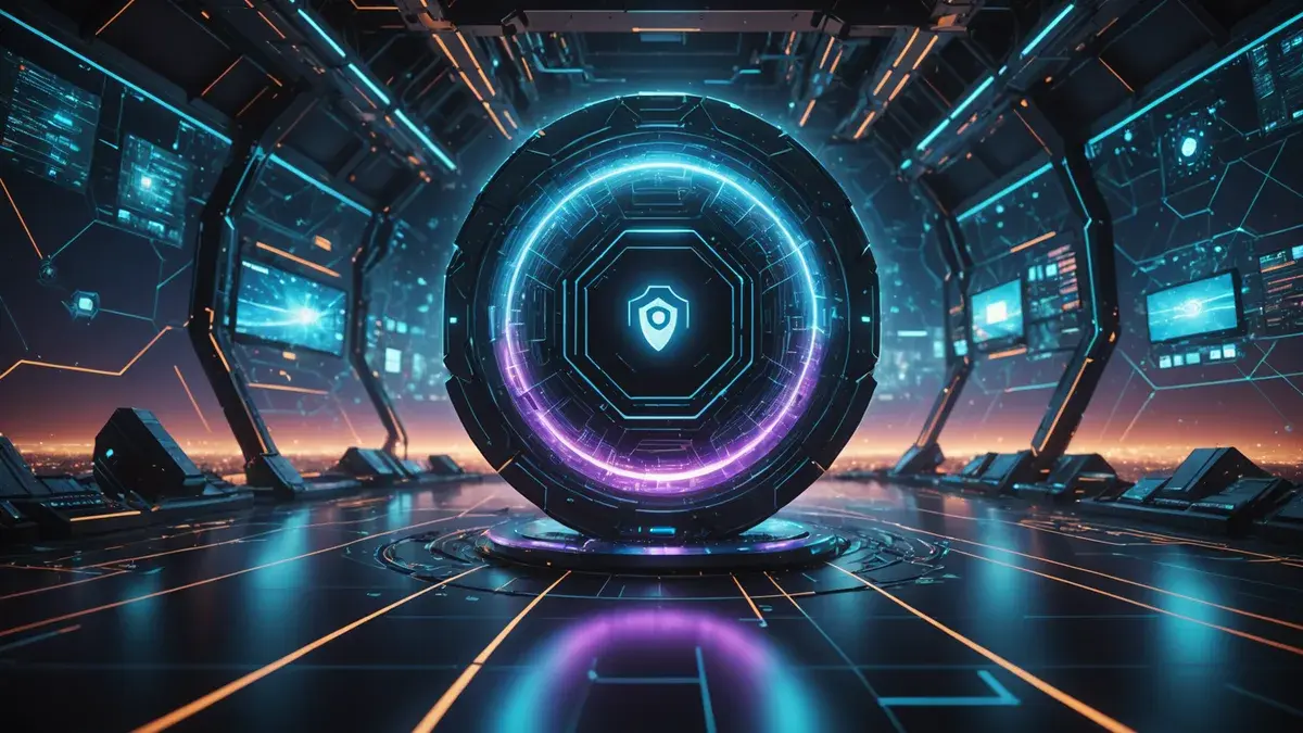 A glowing digital shield protects a strategic infrastructure node within an abstract, cinematic network security landscape.