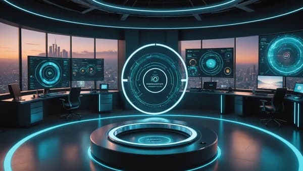 A cinematic shot of multiple smart rings in a futuristic tech workspace, with holographic health data and glowing neural networks.