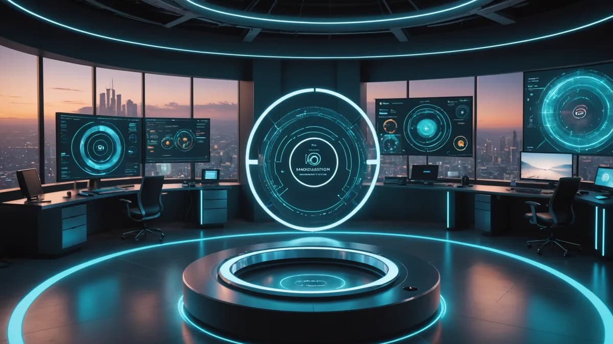 A cinematic shot of multiple smart rings in a futuristic tech workspace, with holographic health data and glowing neural networks.