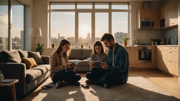 A stressed couple in a modern apartment reviews a bank app overdraft alert, a discarded coffee cup nearby, illustrating financial strain.