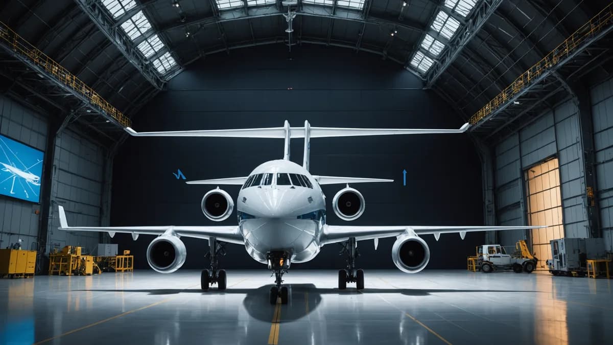 A pilotless cargo aircraft in a futuristic tech hangar, surrounded by AI network visualizations and flight data screens.