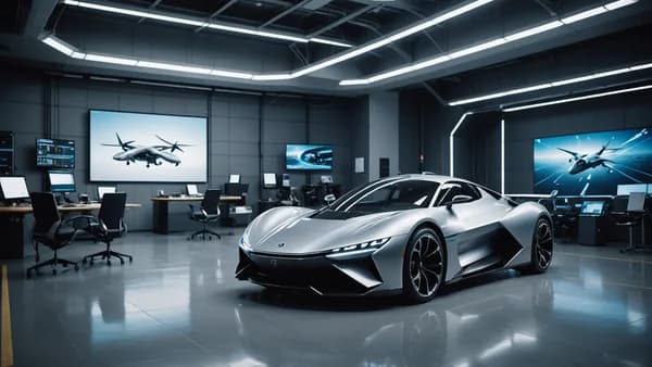 Empty CEO chair in futuristic aviation lab, flying car prototype in background, conveying leadership transition.