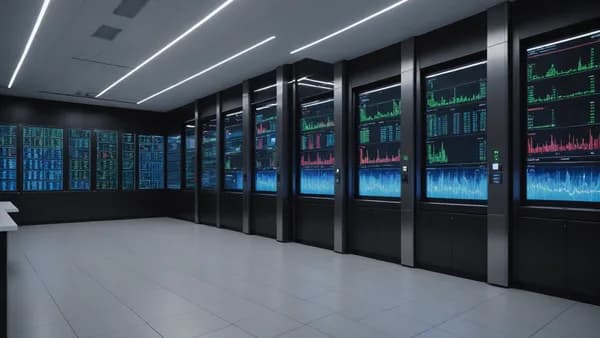 A cinematic shot inside a high-tech financial data center, with abstract light visualizations representing volatile currency markets.