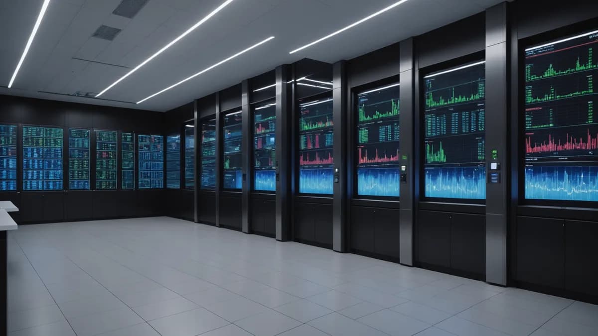 A cinematic shot inside a high-tech financial data center, with abstract light visualizations representing volatile currency markets.