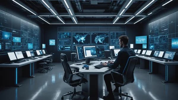 Cinematic tech hub showing AI neural networks on screens surrounded by offline servers in a futuristic environment.