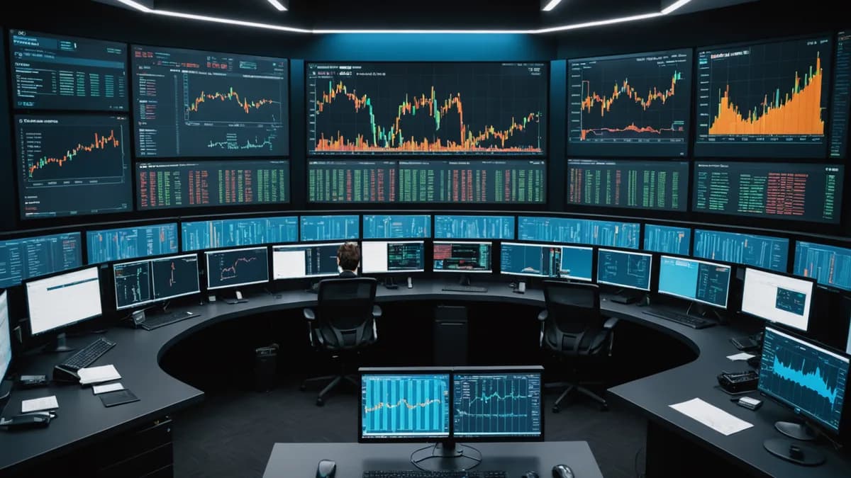 Modern trading floor with Bitcoin futures analytics and financial data screens showing market activity shifts.