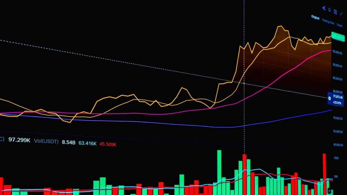 Dynamic chart depicting cryptocurrency market trends with price and volume over time.