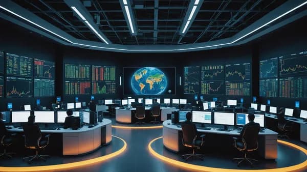 A cinematic trading floor with data visualizations highlighting a dominant crypto market signal.