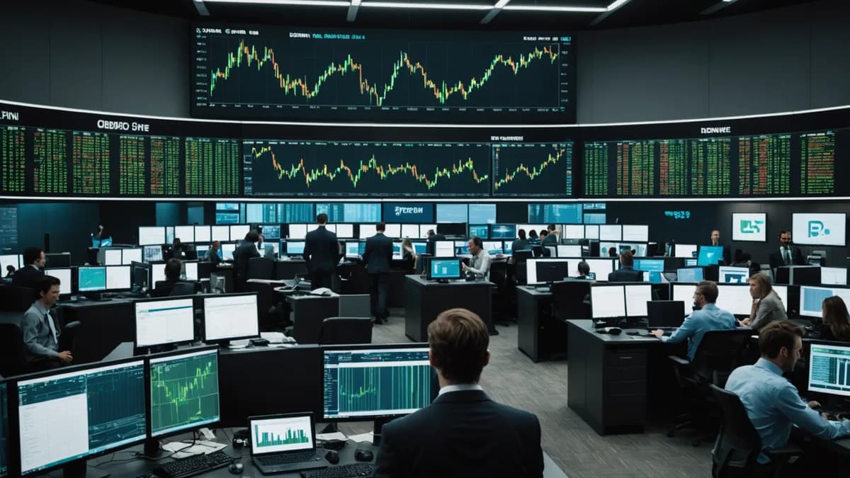Trading floor with analysts monitoring recovering Bitcoin and stock charts on vibrant digital displays.