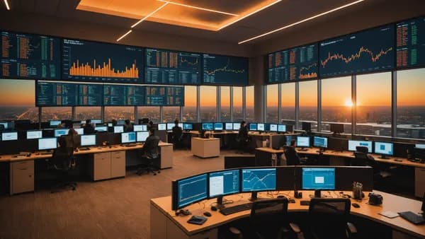 A cinematic golden hour view of a modern trading floor with glowing Bitcoin and data visualizations.