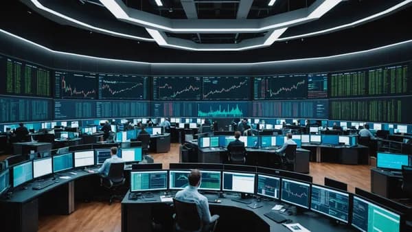 Dynamic trading floor scene with holographic market data visualizations and traders analyzing vibrant stock charts.