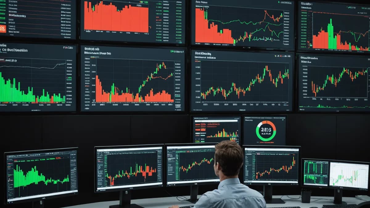 Modern trading floor displays Bitcoin ETF market data with a chart showing zero movement amid surrounding volatility, professional cinematic lighting.