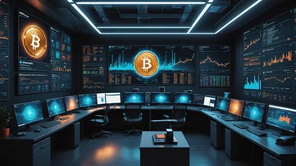 Modern trading floor with glowing Bitcoin dashboards and upward-trending flow charts.