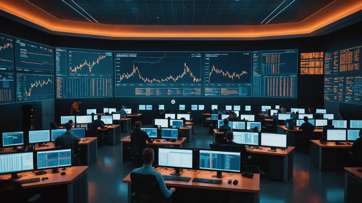 Cinematic wide-angle view of a high-tech crypto trading floor with glowing data screens during dusk.